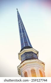 Old Blue Church Steeple On A Bright Sunny Day 