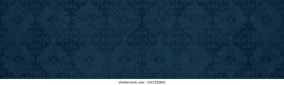 Old Blue Colored Retro Vintage Arabesque Wallpaper Tile Wall Texture Background Banner Panorama With Seamless Floral Flowers Leaves Print Pattern
