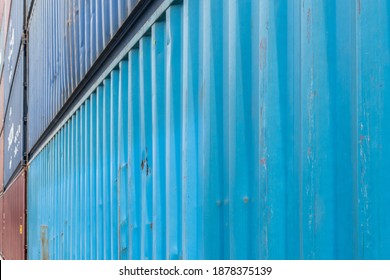 Old Blue Container Wall In Cargo Container Yard Close Up Texture Background