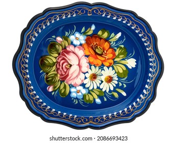 Old Blue Decorative Russian Folk Handpainted Metal Tray With Floral Color Pattern On White. Use For Interior Design.