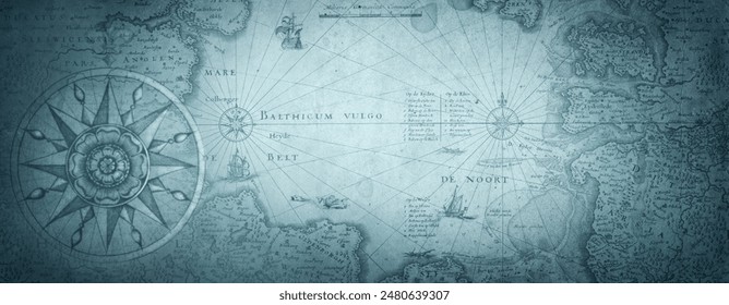 Old blue map collage background. A concept on the topic of sea voyages, discoveries, pirates, sailors, geography, travel and history. Pirate, travel and nautical background. 