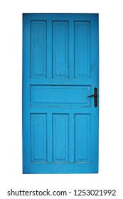 Old Blue Painted Wooden Door Isolated Over White Background