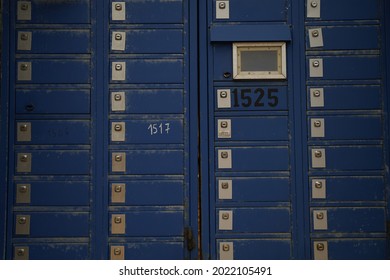 Old Blue Post Box On A Greek Street 