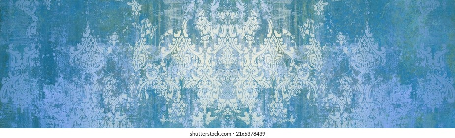 Old blue white arabesque vintage worn geometric shabby mosaic ornate patchwork motif porcelain stoneware tiles stone concrete cement wall wallpaper texture background banner panorama