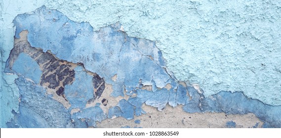 Old Blue White Distressed Brick Wall With Graffiti Rough Background Or Grunge Texture. Shabby Vintage Concrete Wall With Painted Surface. Abstract Web Banner. Grungy Grafitti Design Element