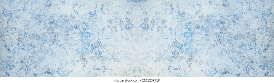 Old blue white vintage worn shabby ornate patchwork motif porcelain stoneware tiles stone concrete cement wall texture background banner panorama