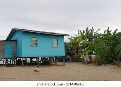 Old Blue Wooden House On The Island Of Borneo, Malaysia