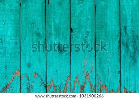 Old boards with cracked cyan paint. Textured wooden old background with vertical lines. Wooden planks close up for your design. Green-blue many times painted old wall with lagged fragments of paint