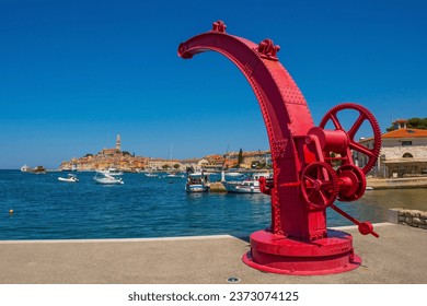 An old boat crane just outside the historic centre of Rovinj old town in Istria, Croatia