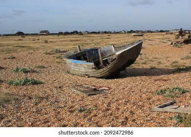 Old Boat Hull Wreck Wooden And Worn Background On Beach