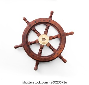 Old Boat Steering Wheel Isolated On The White Background.