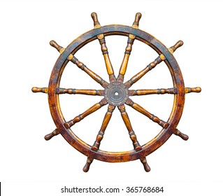 Old Boat steering wheel isolated on white background.
