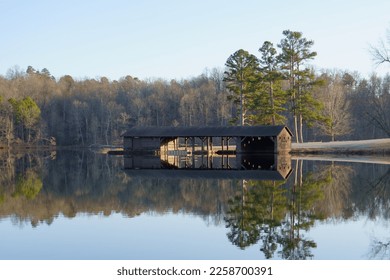 Old Boathouse on Lake Wedington, 102-acres, in the Ozark-St. Francis National Forests. The boat house was built by WPA workers between 1935 and 1940. It was a part of President Roosevelt's innovations