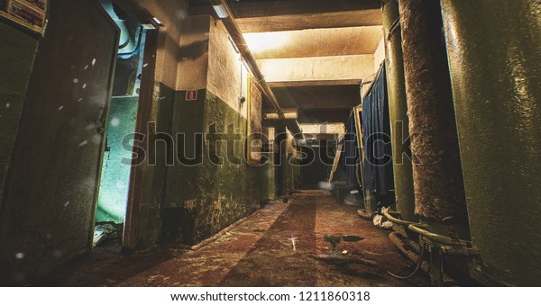 the old bomb
shelter, with the lights on, and the hermetic door. Asylum from war
and nuclear explosion, Long bomb shelter corridor, with tanks for
water and room for
sheltered