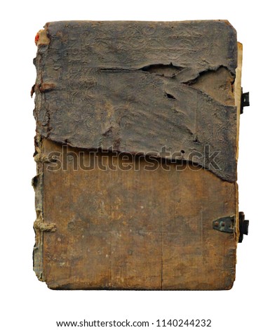 Old book cover, vintage book cover. Isolated on white background. Bible old religion, christianity book cover  grunge texture. Shabby, cracked skin.