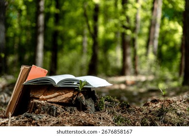 Old book lying on tree stump with blurred forest trees in background. Open book with old paper pages. Concept of knowledge, wisdom, fairy tales