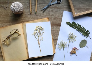 Old book, papers, various pressed flowers, eyeglasses, scissors, pencils and rope on wooden desk. Crafting and making herbarium at home. Flat lay.