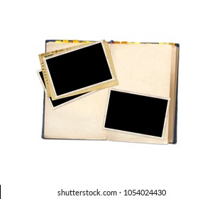 Old Book And Photos. Objects Isolated On White Background. Mock Up Template. Copy Space For Your Text