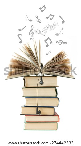 Old book pile and music notes flying away isolated on white background. Audio book concept