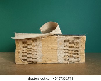 Old book with worm binding and pages. Education and business concept