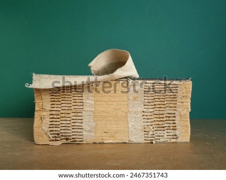 Old book with worm binding and pages. Education and business concept