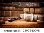 Old books and antique magnifying glass on a wooden background. An ancient book and magnifying glass as a symbol of history, education. Old book history background.