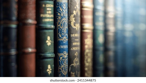 Old books close-up. Title of the book is printed on the spine, book cover. Tiled Bookshelf background. Concept on the theme of history, nostalgia, old age, library. Macro photo. Very shallow focus. - Powered by Shutterstock