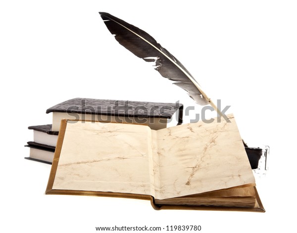 Old Books Inkpot Feather On White Stock Photo (Edit Now) 119839780