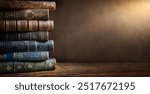 Old books on wooden desk and ray of light. Bookshelf history theme grunge background. Concept on the theme of history, nostalgia, old age. Retro style. Old book as a symbol of knowledge.