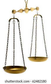 Old Brass Balance Scale With Empty Pans Isolated On White As Legal Metaphor For Weighing Justice And Balancing The Law