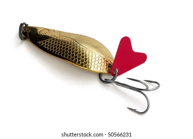 Old  Brass Fishing Lure Isolated On White