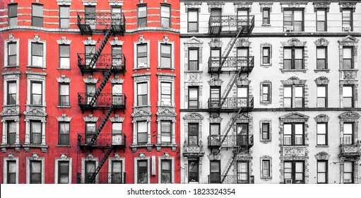 Old brick apartment buildings with fire escapes in the East Village of New York City in red black and white