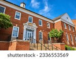 Old brick City Hall downtown Mount Vernon Ohio building with steps and metal railing