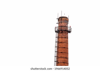 Old brick smokestack isolated on white background. Old factory chimney. Red brick victorian manufacture chimney