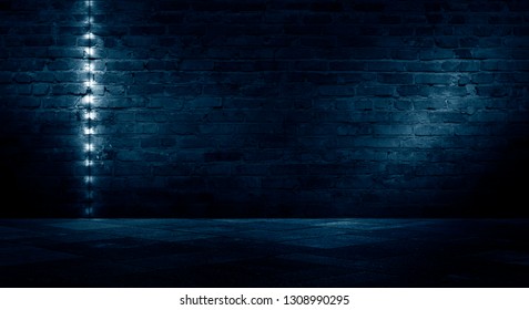 Old Brick Wall, Dark Room With Brick Wall, Rays Of Searchlight Light, Illuminated Night Lights On An Empty Wall. Dark Street, Night City.