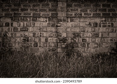 Old brick wall with nice texture and green grass under it in sepia filter
