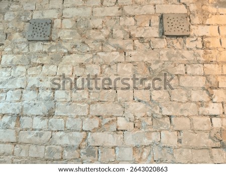 old brick wall with two ventilation grilles