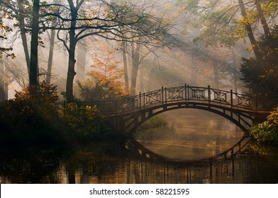 Old Bridge In Misty Autumn Park