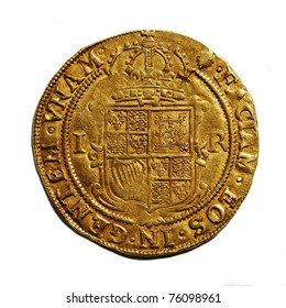 Old British hammered gold coin (Unite) isolated, from 17th century reign of King James I, reverse side