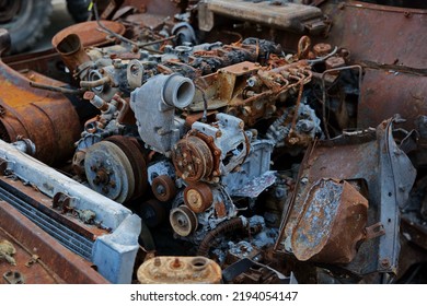 Old Broken Car Engine After A Fire