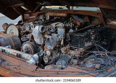 Old Broken Car Engine After A Fire