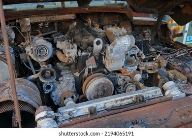 Old Broken Car Engine After A Fire