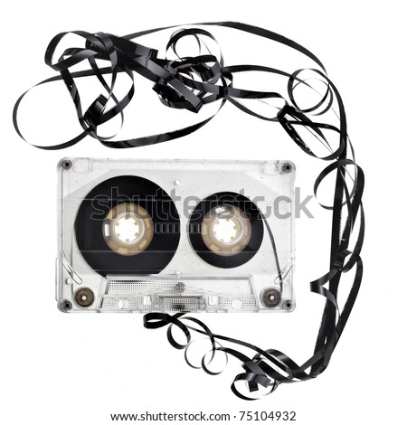 Old broken cassette isolated on white