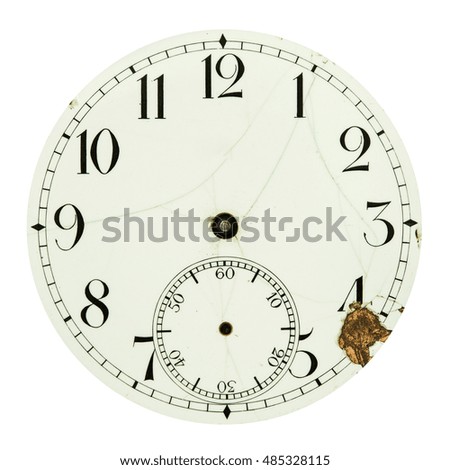 Old broken clock dial face isolated on white background