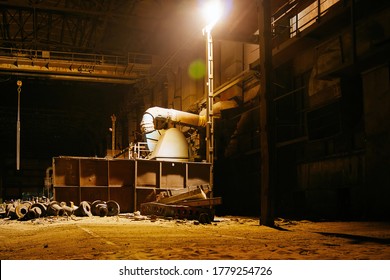 Old Broken Empty Abandoned Industrial Building Interior At Night