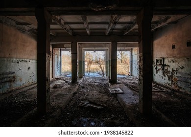 Old Broken Empty Abandoned Industrial Building Interior.