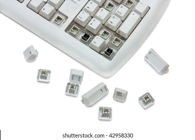Old Broken Keyboard With Scattered Keys. Isolated On White Background.