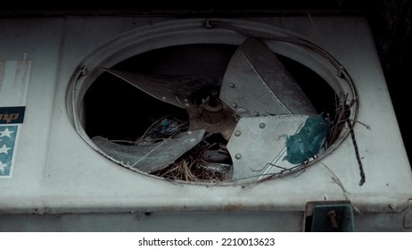 Old Broken Outdoor Condenser Unit From Air Conditioner With Birds Nest And Trash Inside. Concept Of Apocalypse. Horror Movie, Mystery Place.