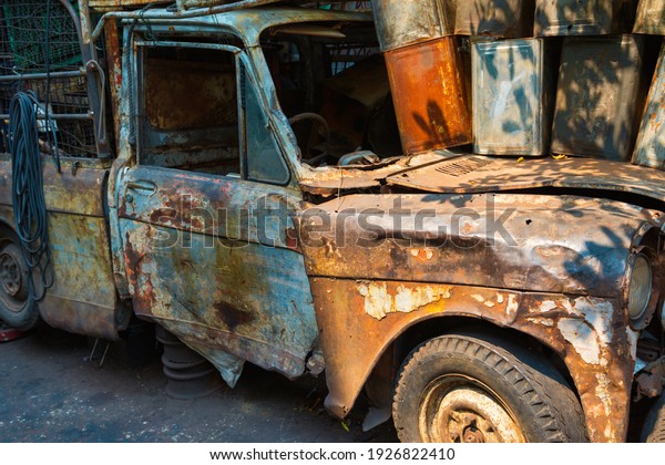 Old
broken rusty car. Rust on metal of vintage
automobile