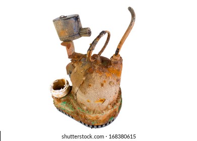 Old Broken Rusty Sump Pump That Has Been Removed From A Drainage Sump As Obsolete, Isolated On White